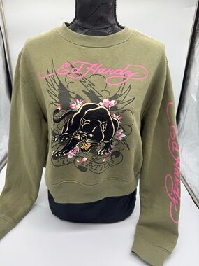 Ed Hardy Olive Crewneck with Black Panther and Pink Script